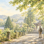 歴史を知ることで違って見えてきた寺の参道を眺める男性の後ろ姿