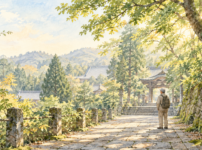 歴史を知ることで違って見えてきた寺の参道を眺める男性の後ろ姿
