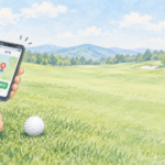 ゴルフボールの地点でスマートフォンにショット位置を記録するイラスト