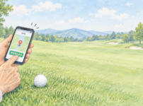 ゴルフボールの地点でスマートフォンにショット位置を記録するイラスト