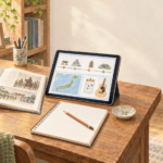 日本史の本やギターとタブレットを並べ、自分に合う学び方を考える様子の手書き風イラスト