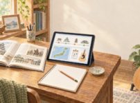 日本史の本やギターとタブレットを並べ、自分に合う学び方を考える様子の手書き風イラスト