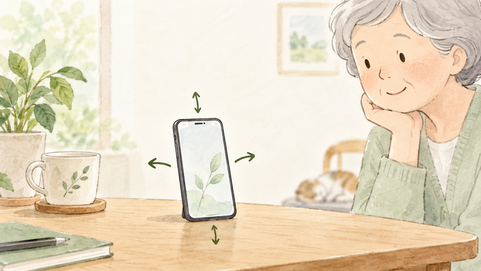 スマートフォンの前後左右の動きを試すセンサー確認を表した手書き風イラスト