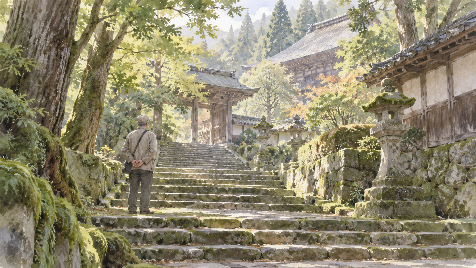 歴史を知ったあと静かな寺の風景を見つめる男性