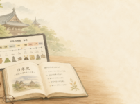 日本史の本と仏教史の年表を表示したタブレットが並ぶ、学び直しをイメージした手書き風イラスト