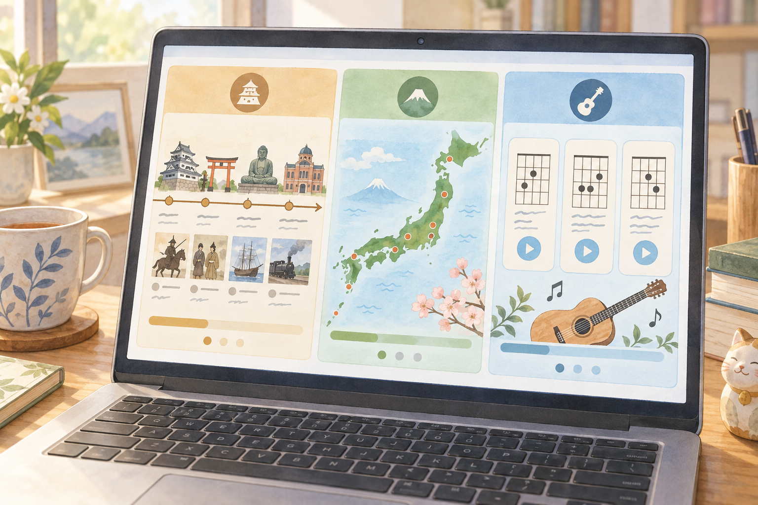 日本史やギターを学ぶ自作アプリを表示したパソコン