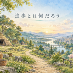 縄文時代の森と現代のAI社会が一本の小道でつながる手書き風イラスト