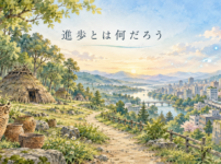 縄文時代の森と現代のAI社会が一本の小道でつながる手書き風イラスト